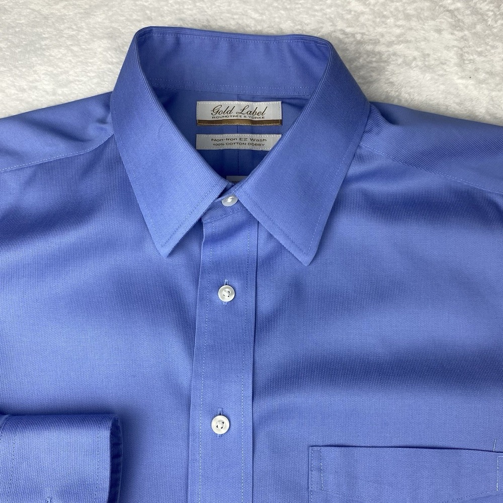Roundtree & Yorke Gold Label Dress Shirt Mens 16-35 Blue Cotton Dobby No Iron - Picture 2 of 9